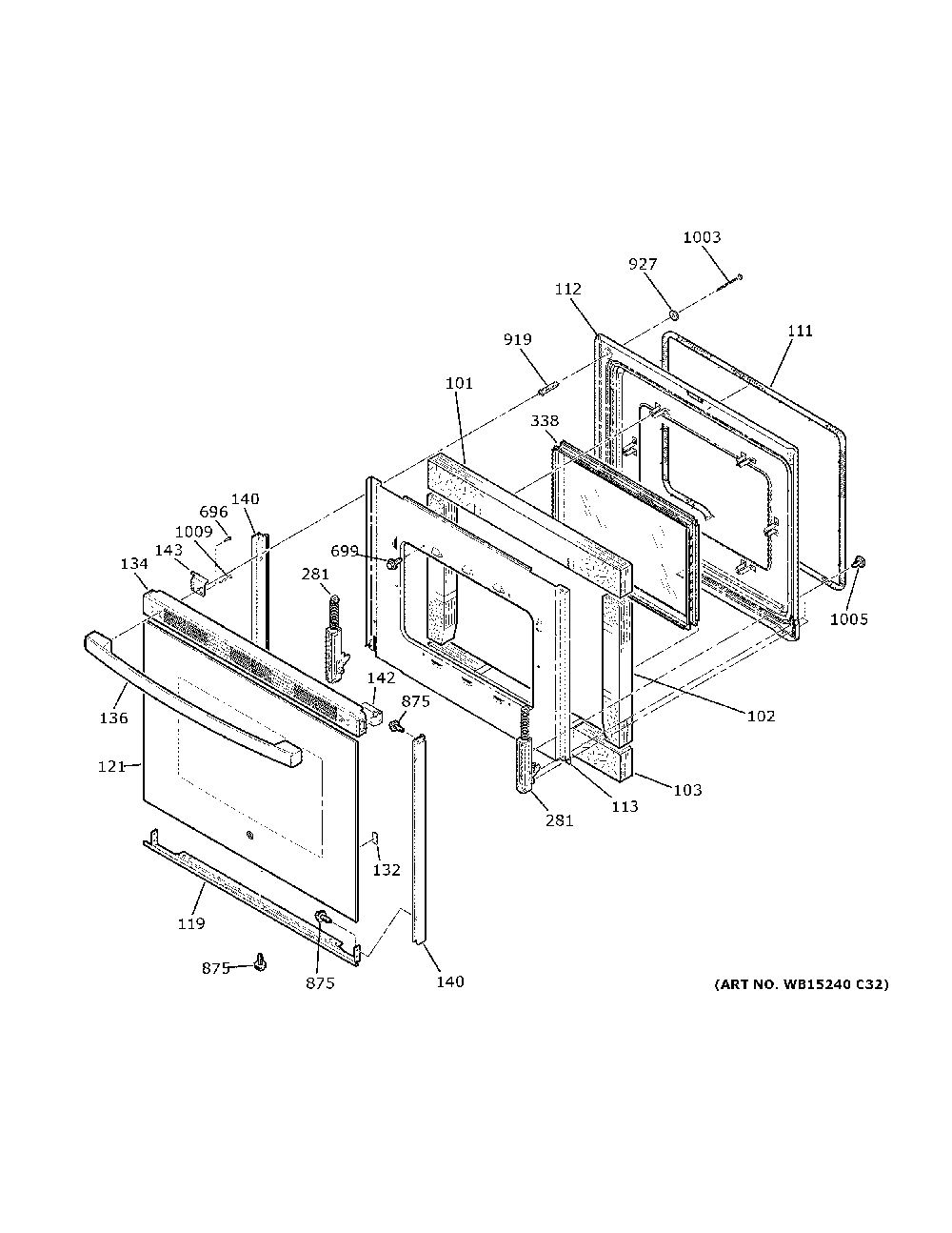 Door Diagram and Parts List for JB625DK6WW  General Electric Range