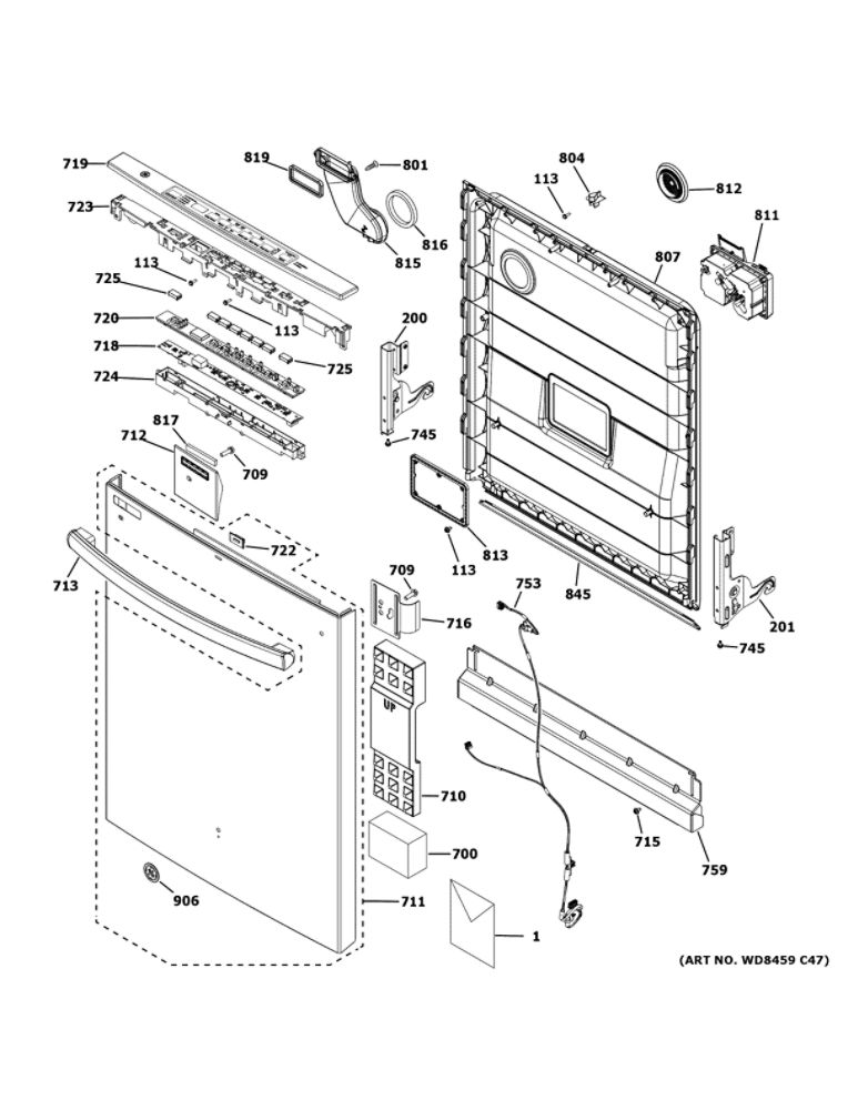 Escutcheon And Door Assembly Diagram and Parts List for GDT605PGM6BB  General Electric Dishwasher