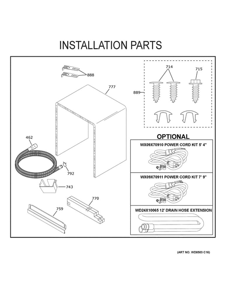 Installation Parts Diagram and Parts List for GDT630PGR0WW  General Electric Dishwasher