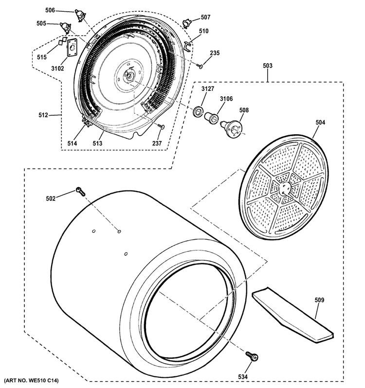 Drum Diagram and Parts List for GFDN120ED3WW  General Electric Dryer