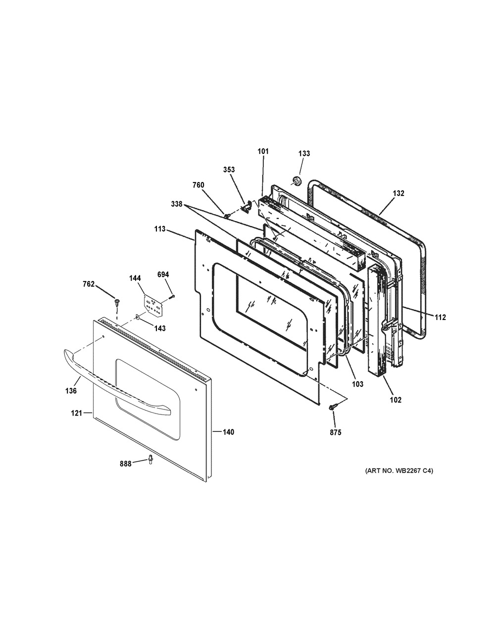 Door Diagram and Parts List for JM250DF3BB  General Electric Range