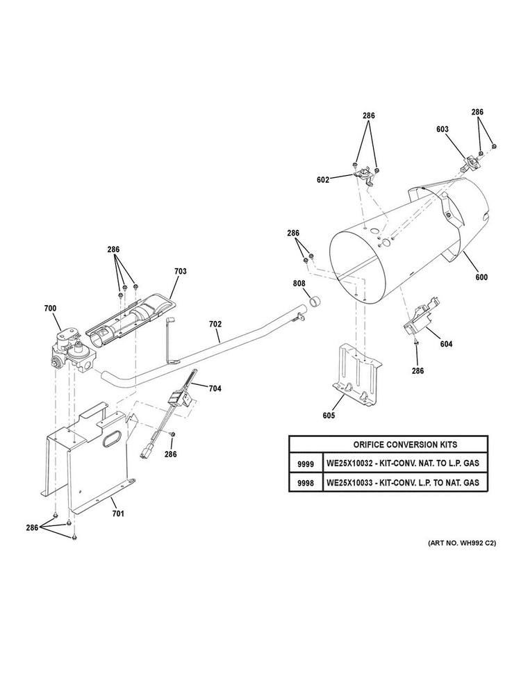 Gas Valve & Burner Assembly Diagram and Parts List for GFD49GRSK0WW  General Electric Dryer