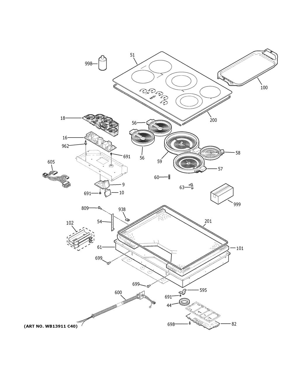 Control Panel & Cooktop Diagram and Parts List for CEP90301N1BB  General Electric Cooktop