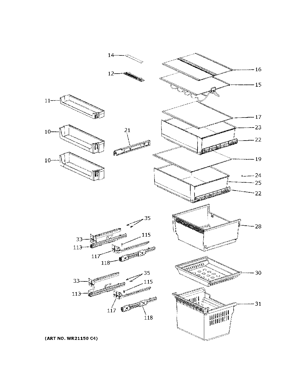 Shelves & drawers Diagram and Parts List for GLE12HSPARSS  General Electric Refrigerator