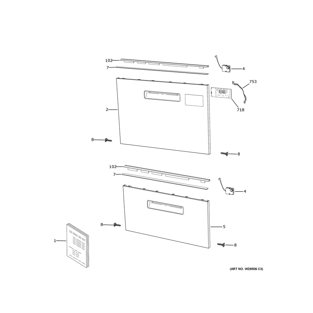 Front Panels Diagram and Parts List for PDD415PYY0FS  General Electric Dishwasher