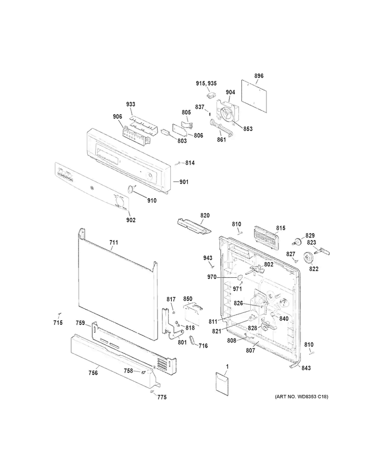 Escutcheon & Door Assembly Diagram and Parts List for GSD3340D45SA  General Electric Dishwasher