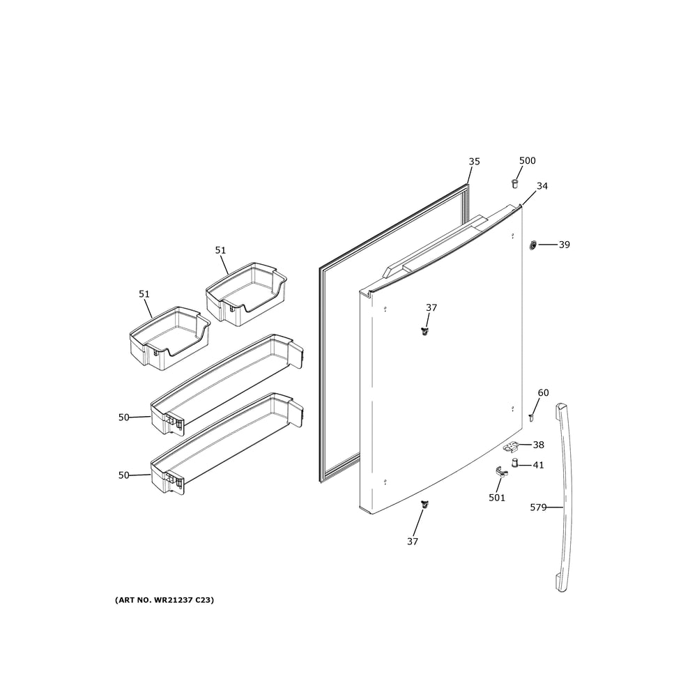 Fresh Food Door Diagram and Parts List for GDE21EGKXRWW  General Electric Refrigerator