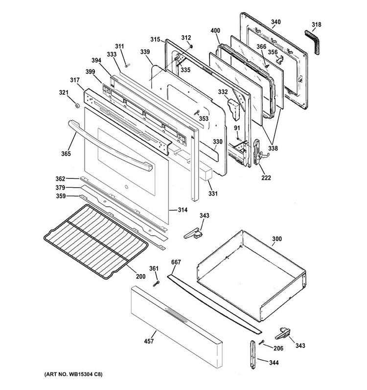 Door & Drawer Parts Diagram and Parts List for JGB450DEK1WW  General Electric Range