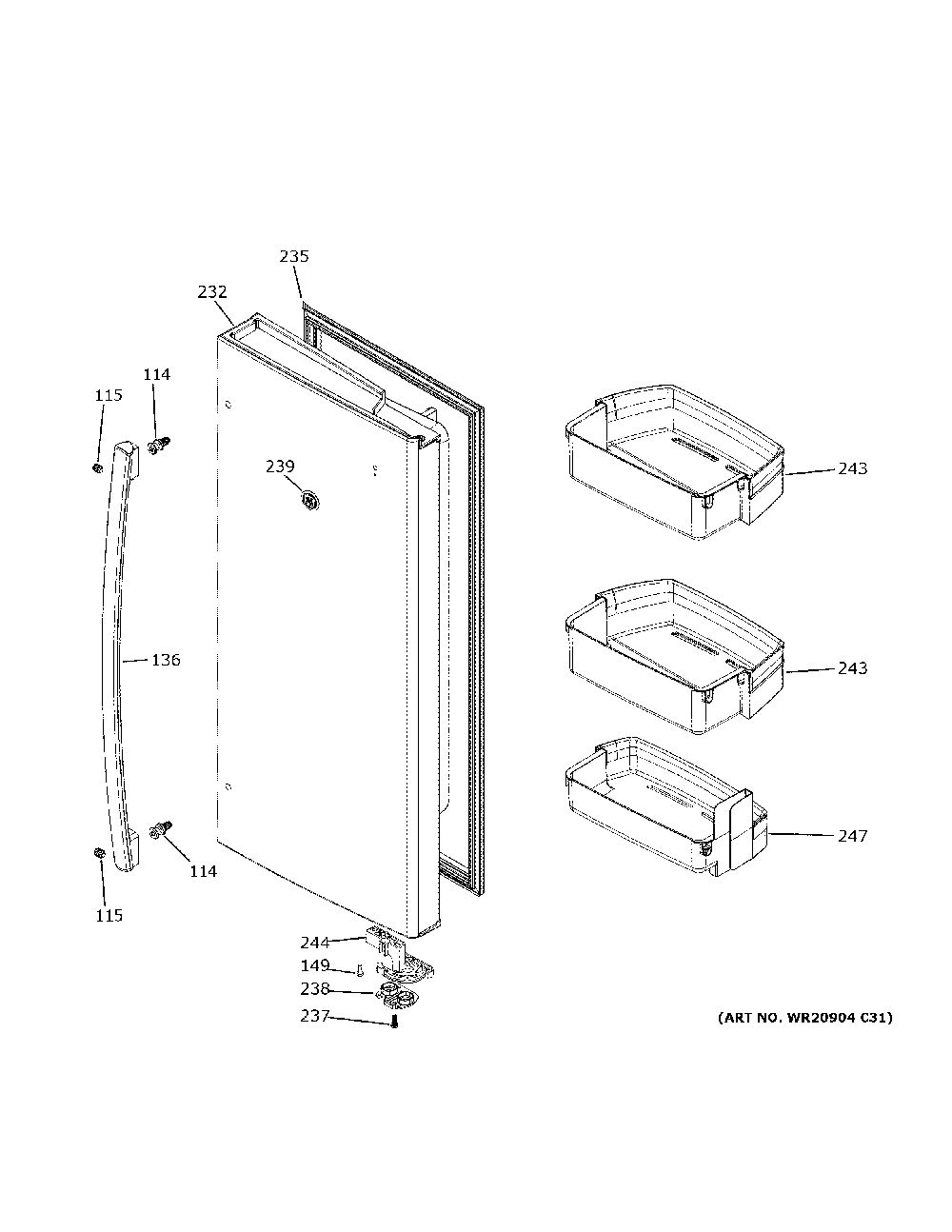 Fresh food door - rh Diagram and Parts List for GWE23GMNBES  General Electric Refrigerator