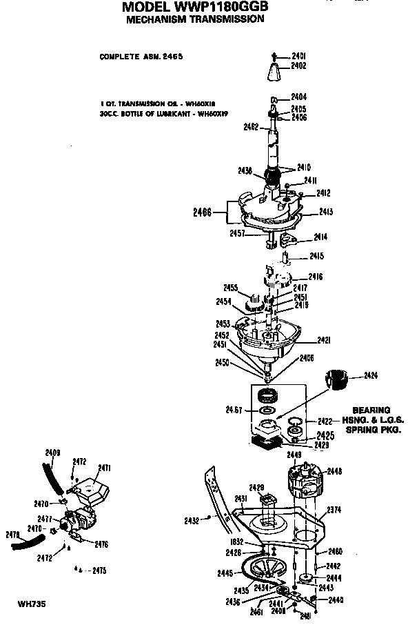 Transmission Diagram and Parts List for WWP1180GGB  General Electric Washer