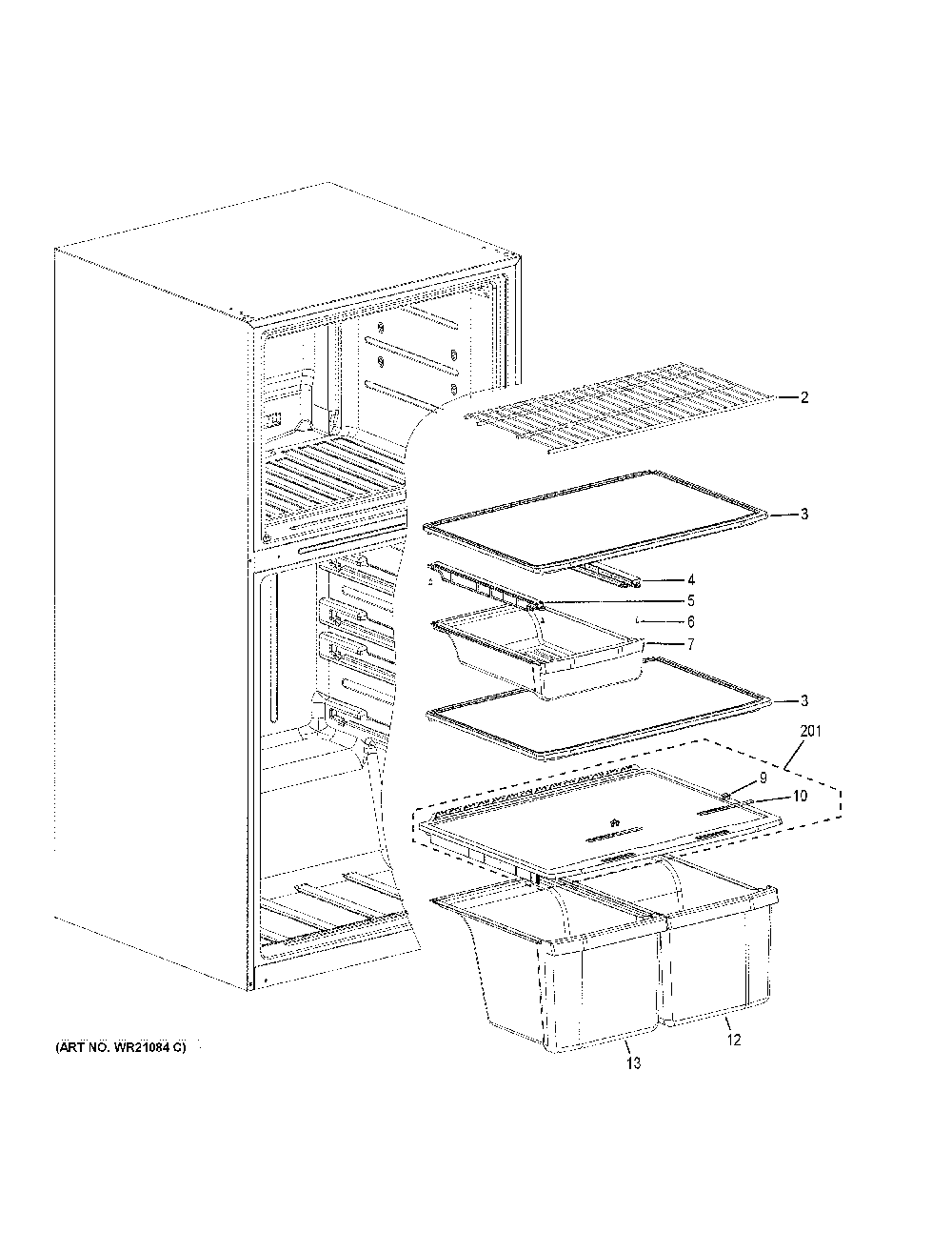Shelves And Drawers Diagram and Parts List for GIE21GSHFSS  General Electric Refrigerator