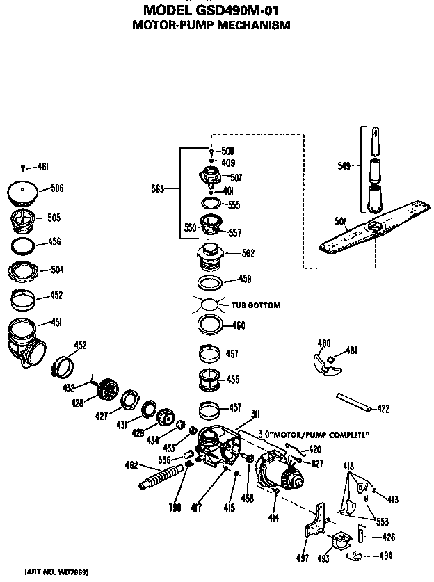Motor/pump Diagram and Parts List for GSD490M-01  General Electric Dishwasher