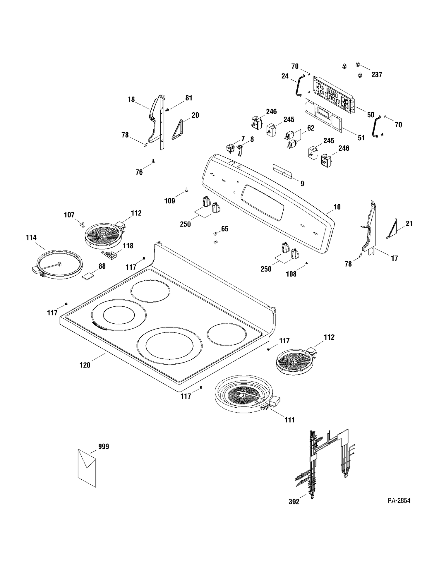 CONTROLS & COOKTOP Diagram and Parts List for ECBP82SP1SS  General Electric Range