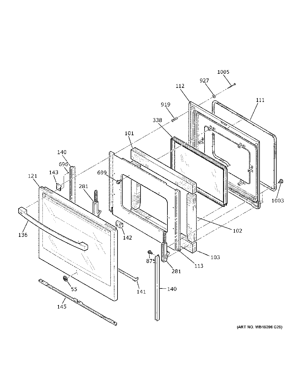 Door Diagram and Parts List for PB935BP5TS  General Electric Range
