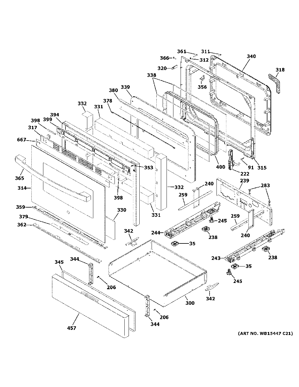 Door & drawer parts Diagram and Parts List for JGB660DP1BB  General Electric Range