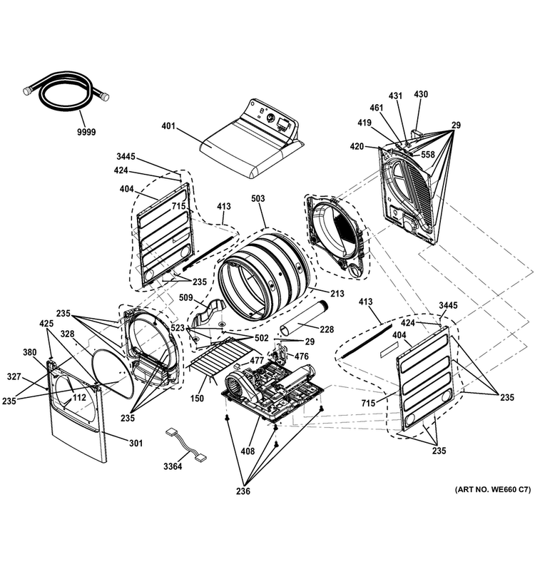 Cabinet Diagram and Parts List for GTD86ESSJ0WS  General Electric Dryer