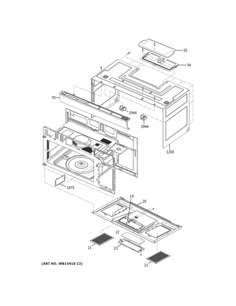 Oven Cavity Parts Diagram and Parts List for JNM3163DJ3BB  General Electric Microwave