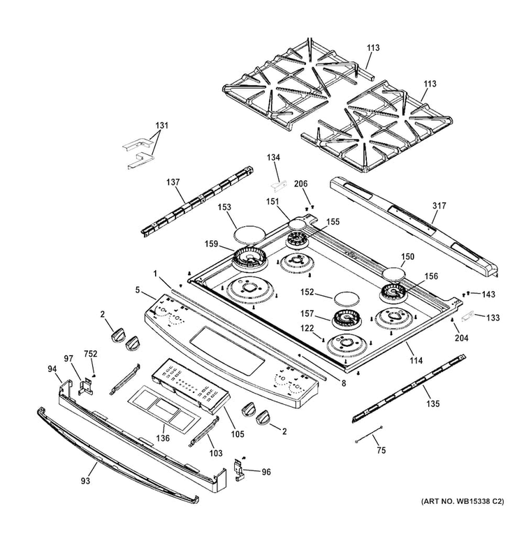 Control Panel & Cooktop Diagram and Parts List for JGS650SEF2SS  General Electric Range