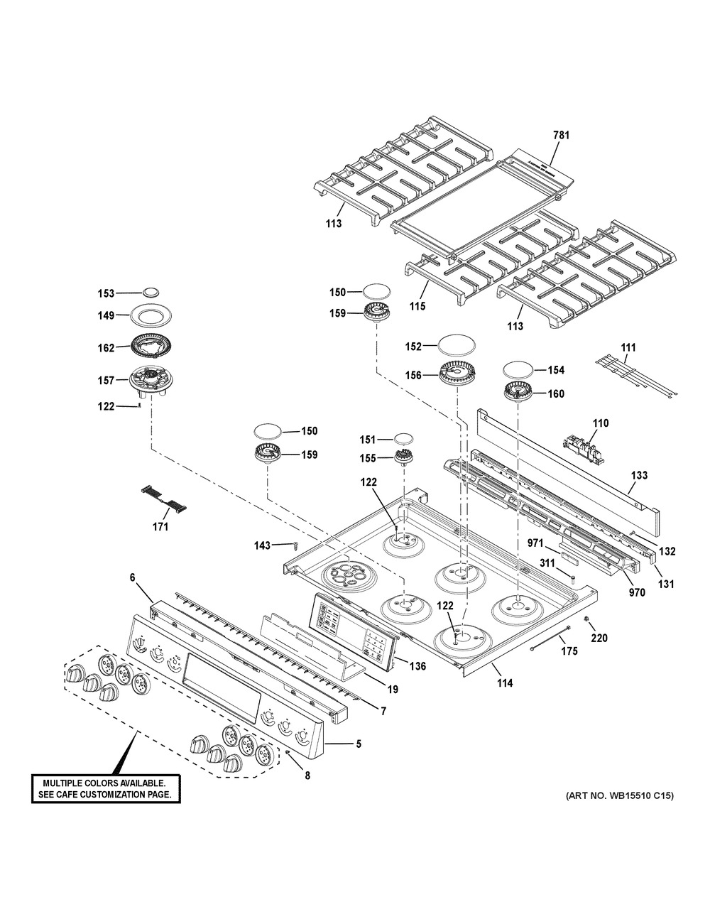 Control Panel & Cooktop Diagram and Parts List for CGS750P3M1D1  General Electric Range