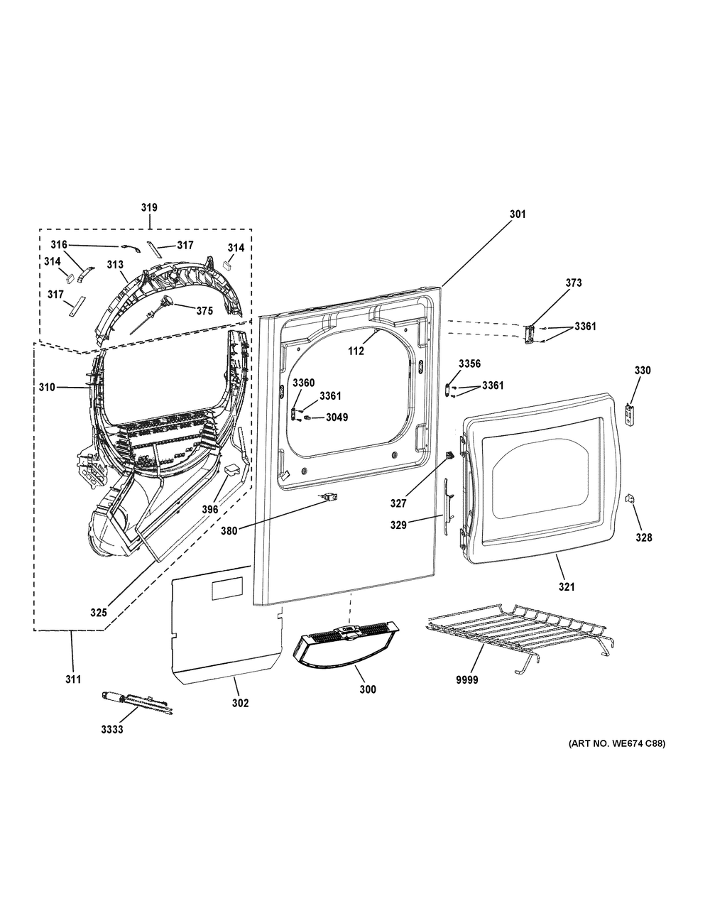 Front Panel And Door Diagram and Parts List for PTD60EBSR2WS  General Electric Dryer