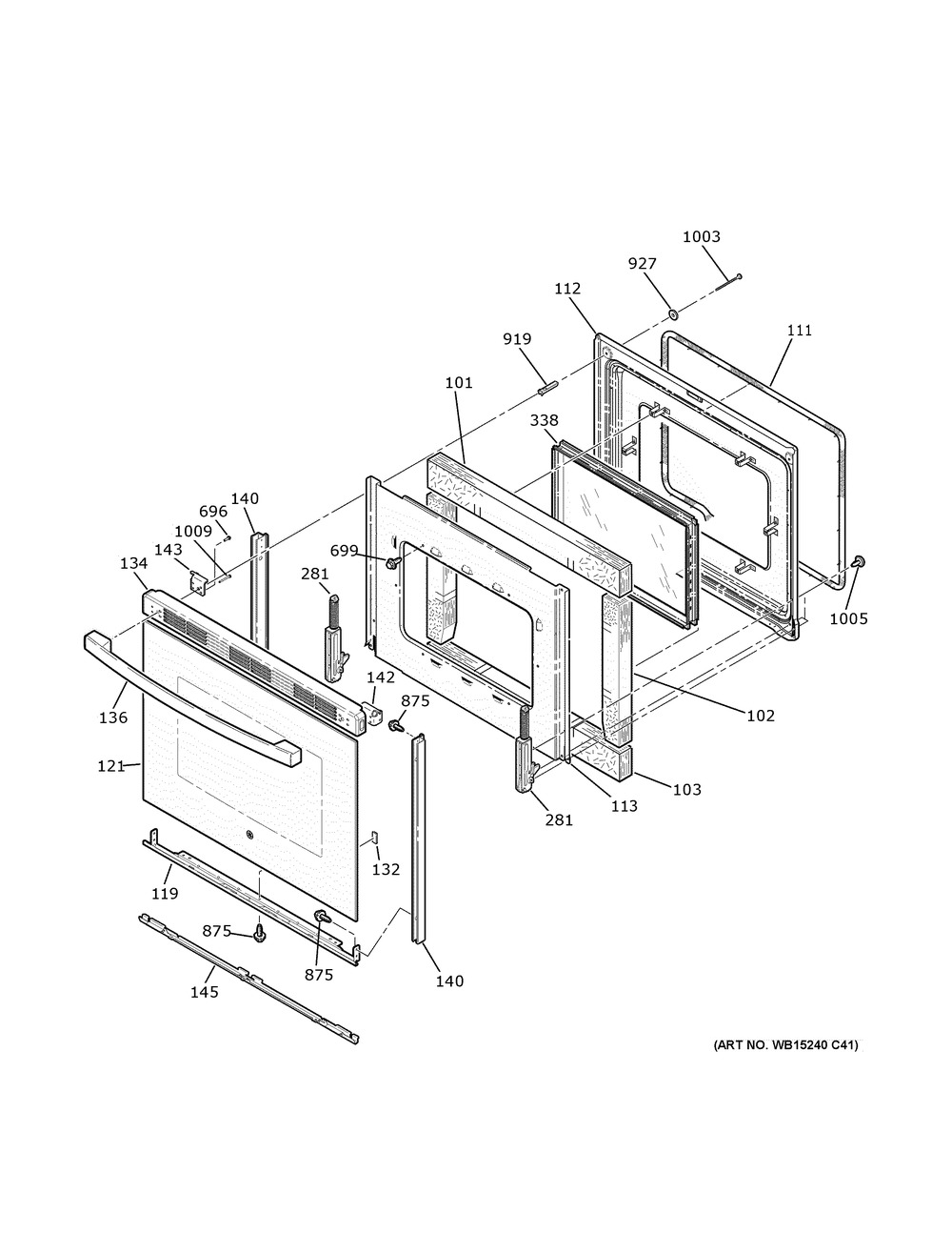 Door Diagram and Parts List for JB625DKABB  General Electric Range