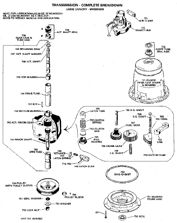 Transmission Assembly Diagram and Parts List for WW8318LAL  General Electric Washer