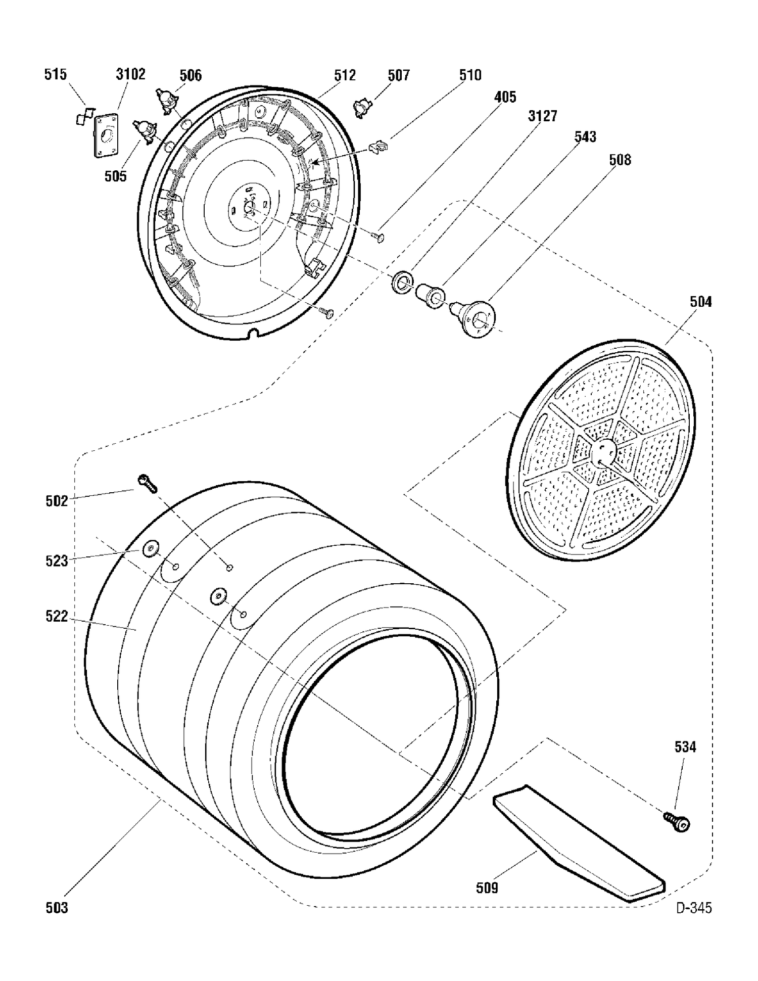 DRUM & HEATER Diagram and Parts List for UPSE810EH0WT  General Electric Dryer