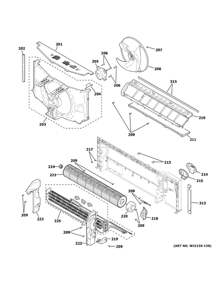 Motor And Chasis Parts Diagram and Parts List for AZ65H15DBMW6  General Electric Air Conditioner