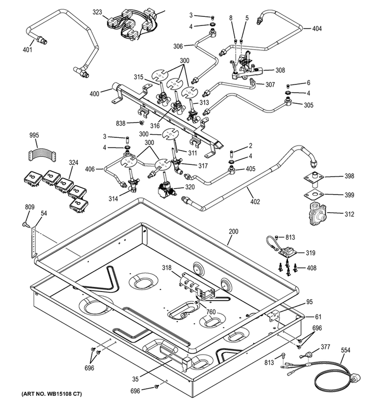 Gas & Burner Parts Diagram and Parts List for PGP986SET2SS  General Electric Cooktop