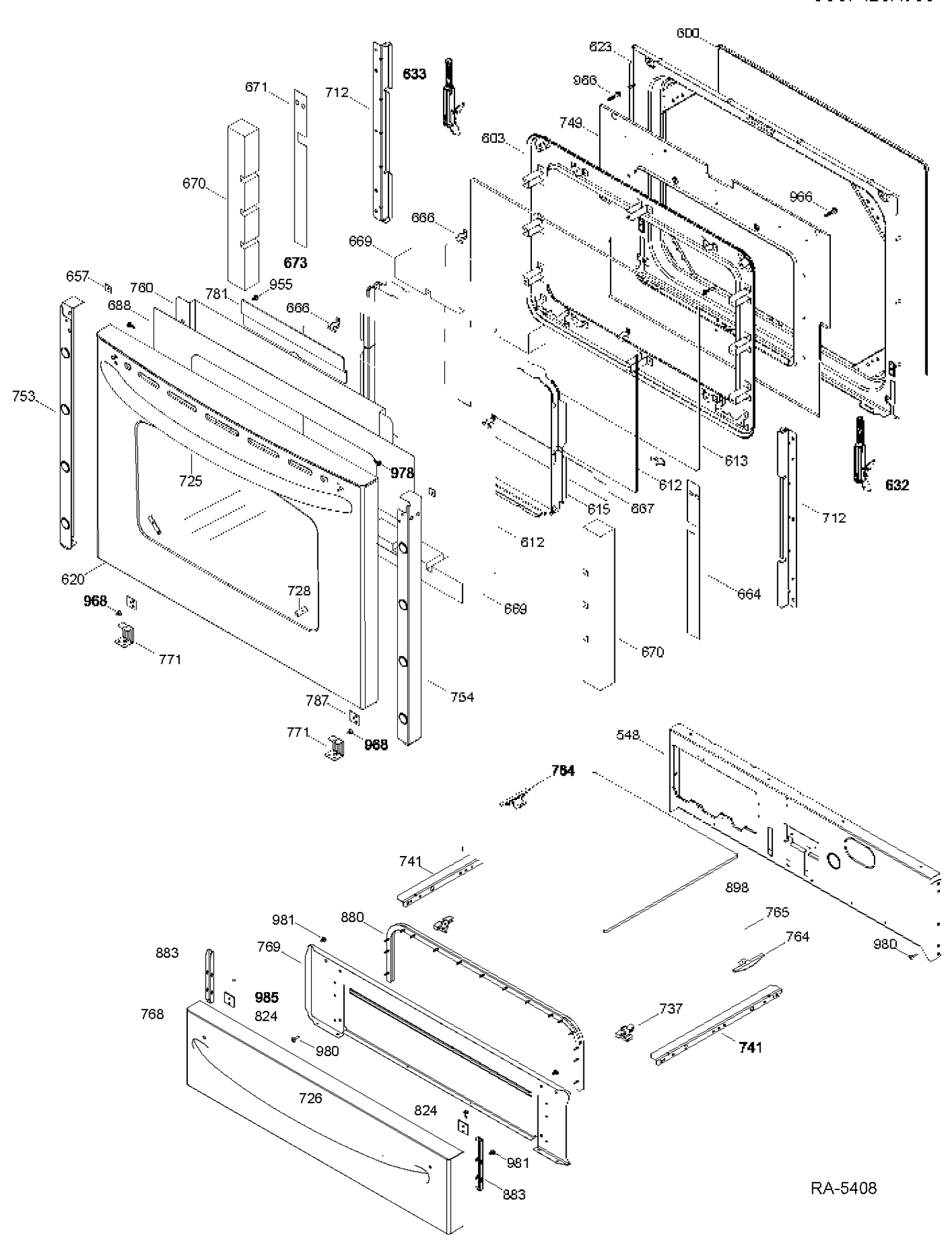 DOOR & DRAWER Diagram and Parts List for JCSP42SR3SS  General Electric Range