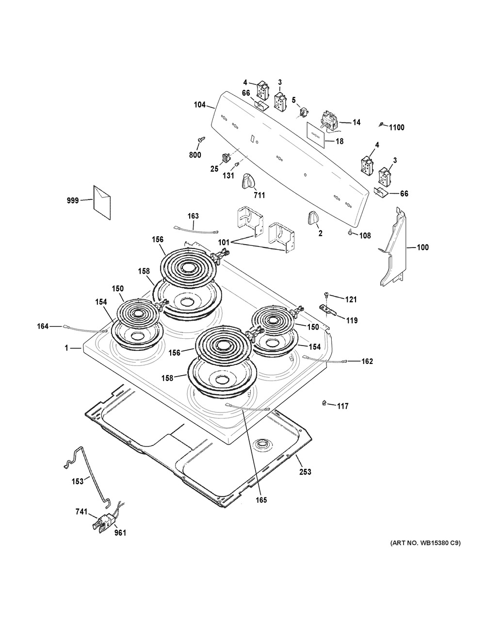 Control Panel And Cooktop Diagram and Parts List for RBS330DR2WW  General Electric Range
