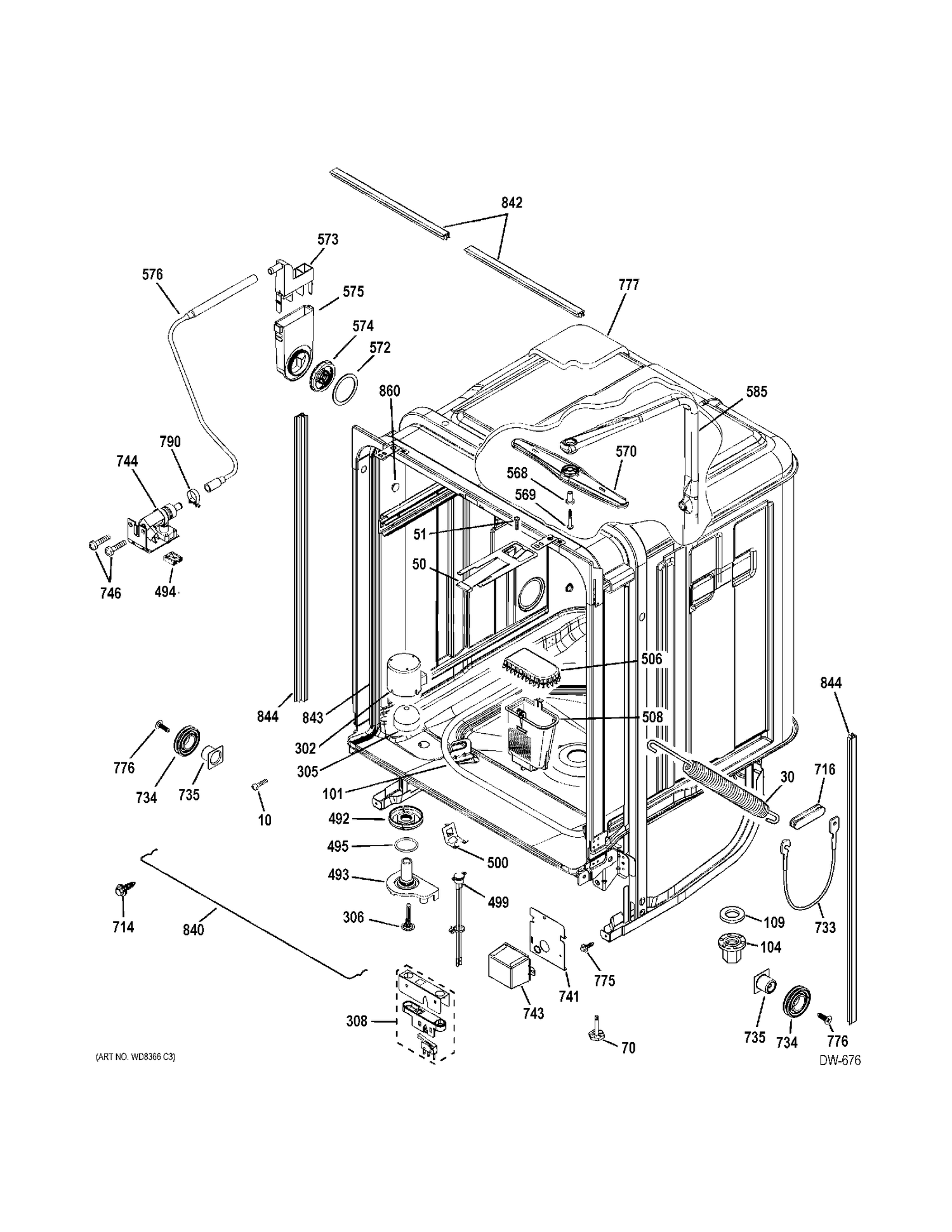 BODY PARTS Diagram and Parts List for GDWF160V10SS  General Electric Dishwasher