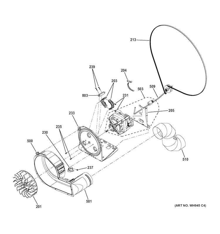 Blower & Motor Diagram and Parts List for GTUP240EM6WW  General Electric Washer Dryer Combo