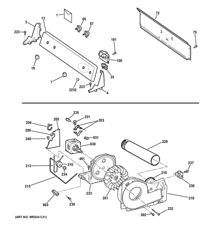 Backsplash, Blower & Motor Assembly Diagram and Parts List for GTDP200GF5WS  General Electric Dryer
