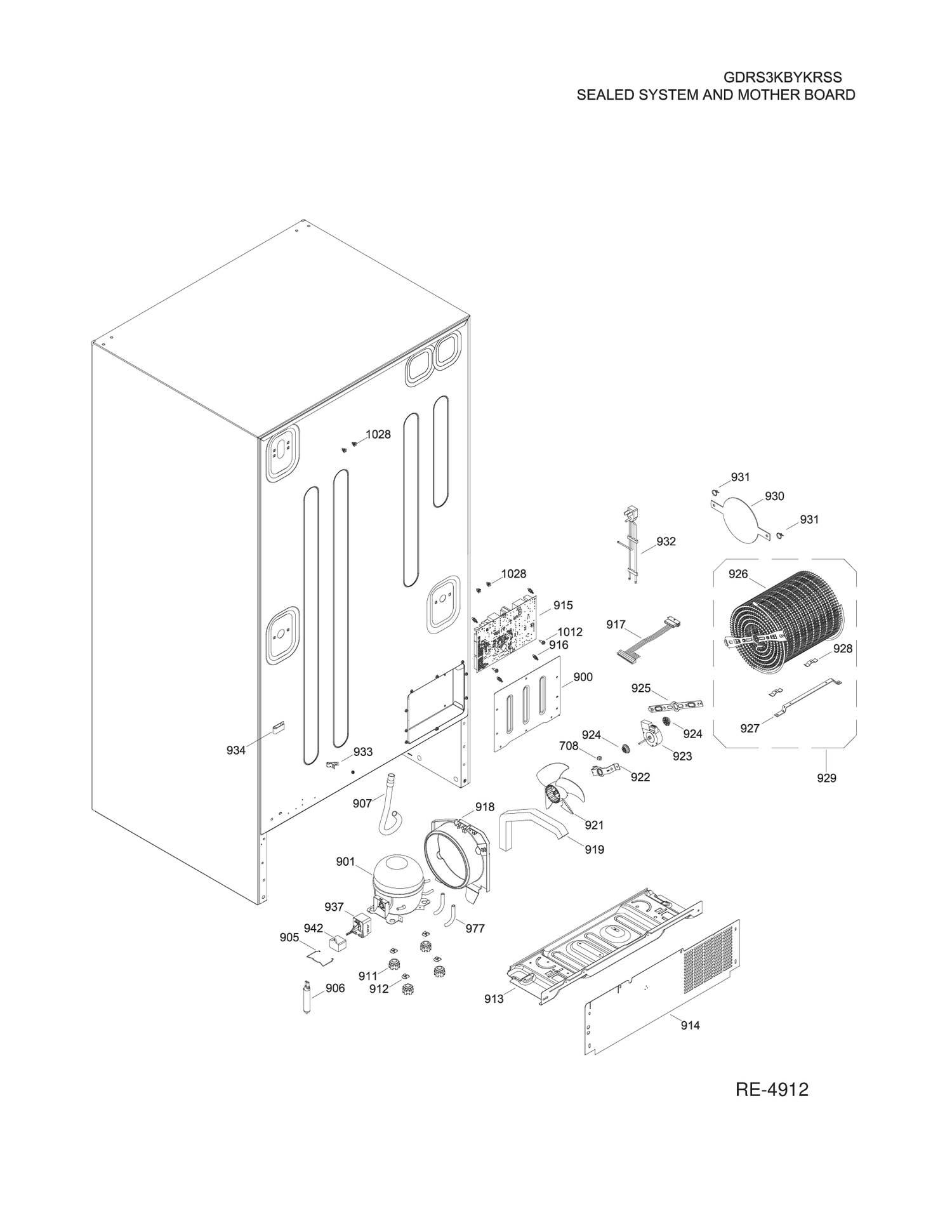 SEALED SYSTEM AND MOTHER BOARD Diagram and Parts List for GDRS3KBYKRSS  General Electric Refrigerator