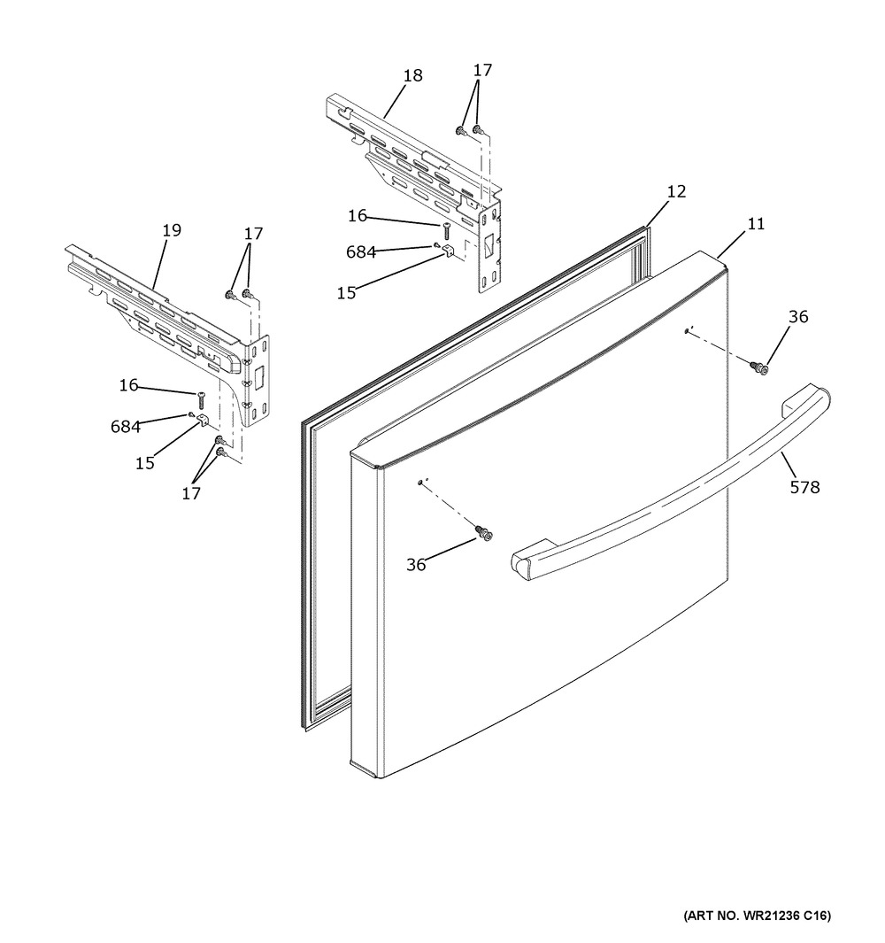 Freezer Door Diagram and Parts List for XFE26JSMWFSS  General Electric Refrigerator