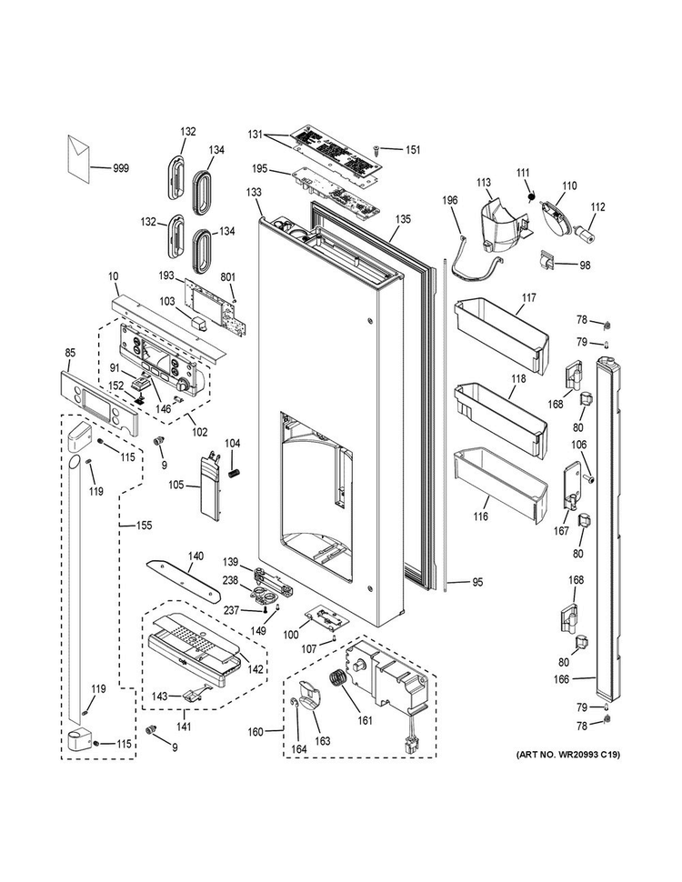 Dispenser Door Diagram and Parts List for CFE28TSHOSS  General Electric Refrigerator
