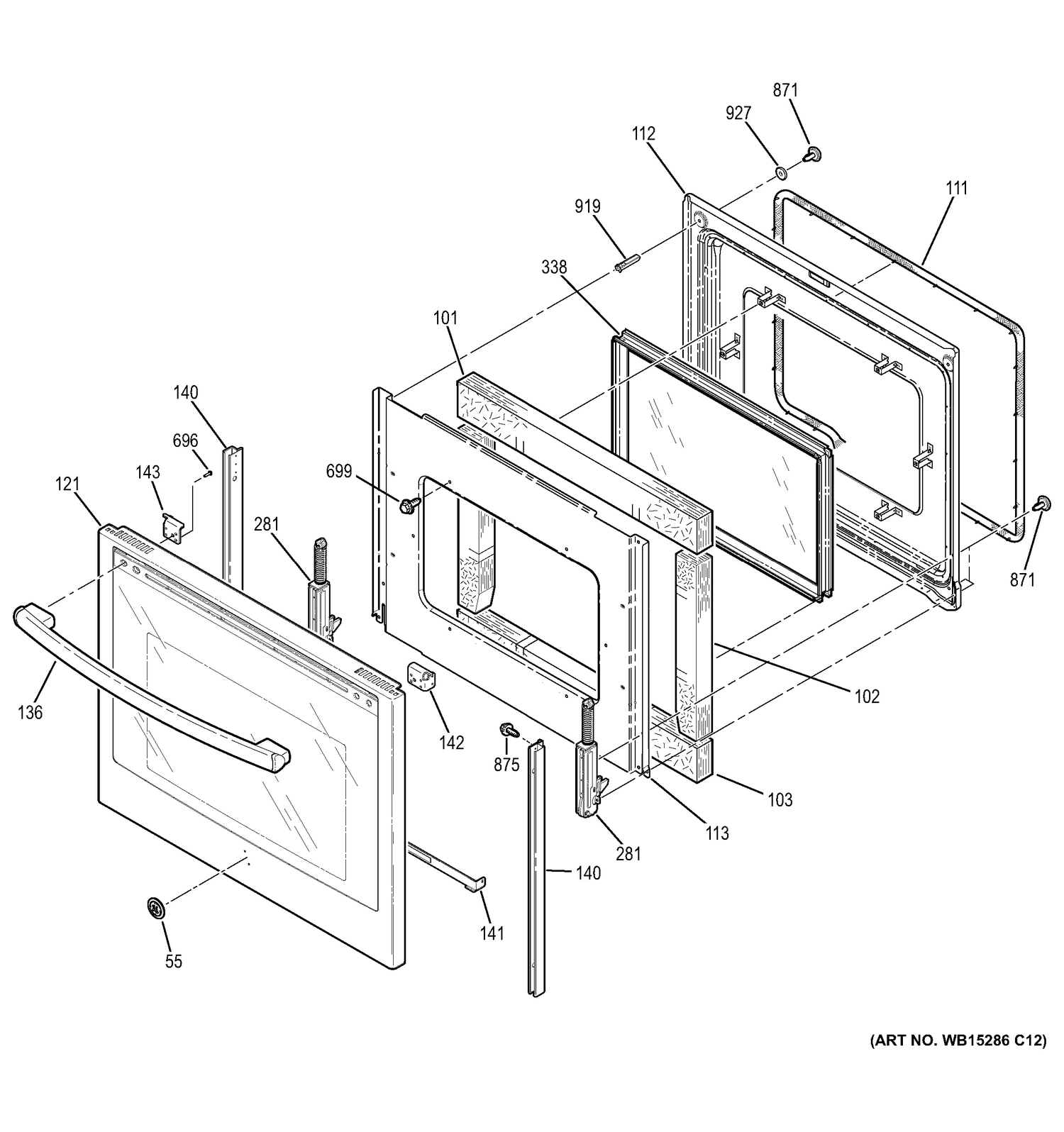 DOOR Diagram and Parts List for JB755DJ3WW  General Electric Range