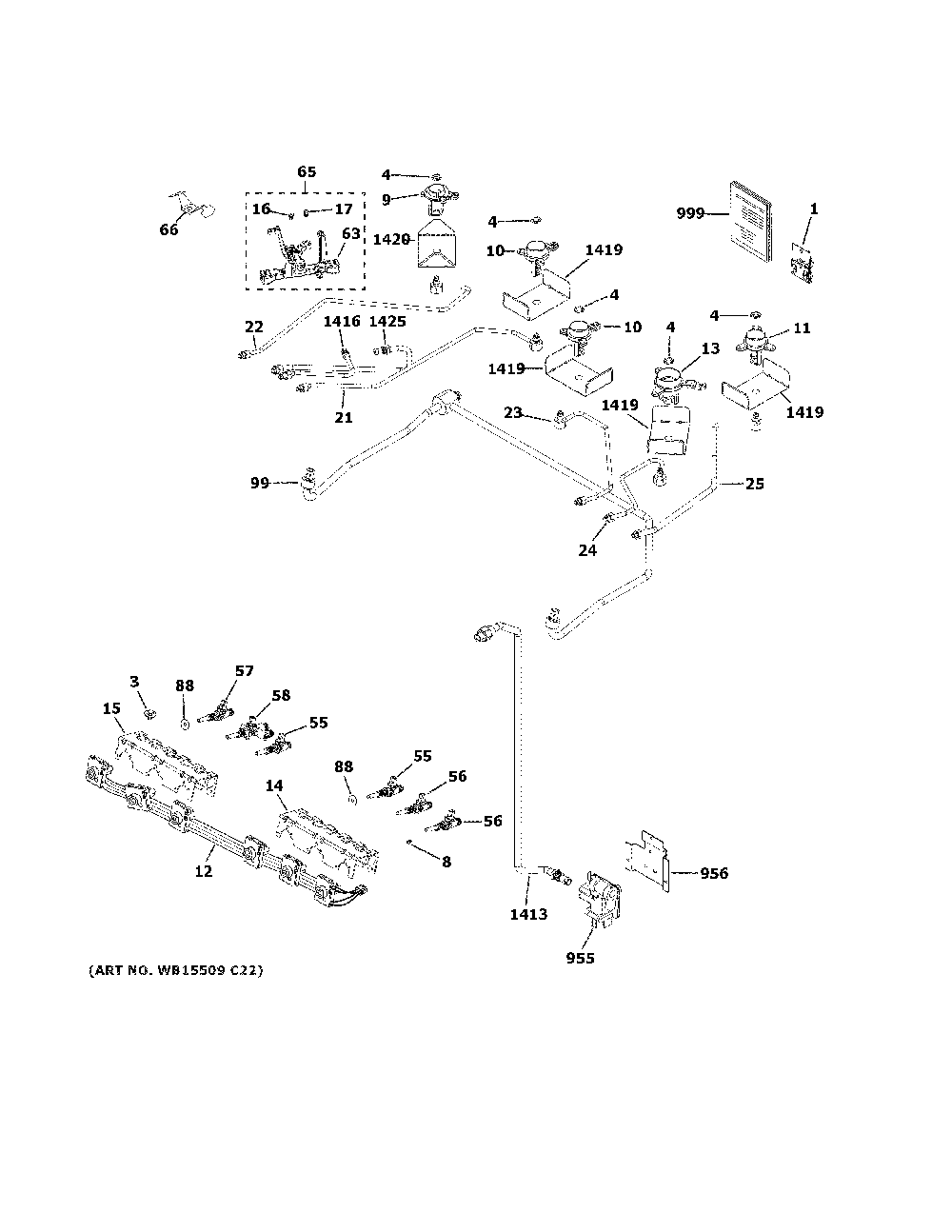 Gas And Burner Parts Diagram and Parts List for C2S950P3M2D1  General Electric Range