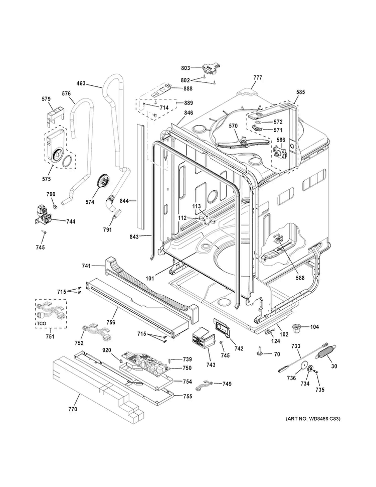 Body Parts Diagram and Parts List for DDT575SGF8BB  General Electric Dishwasher