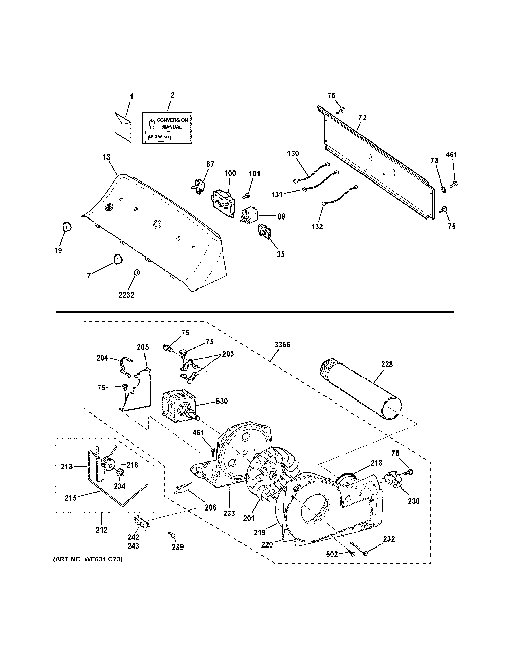 Backsplash, Blower And Motor Assembly Diagram and Parts List for GTD33GASK1WW  General Electric Dryer
