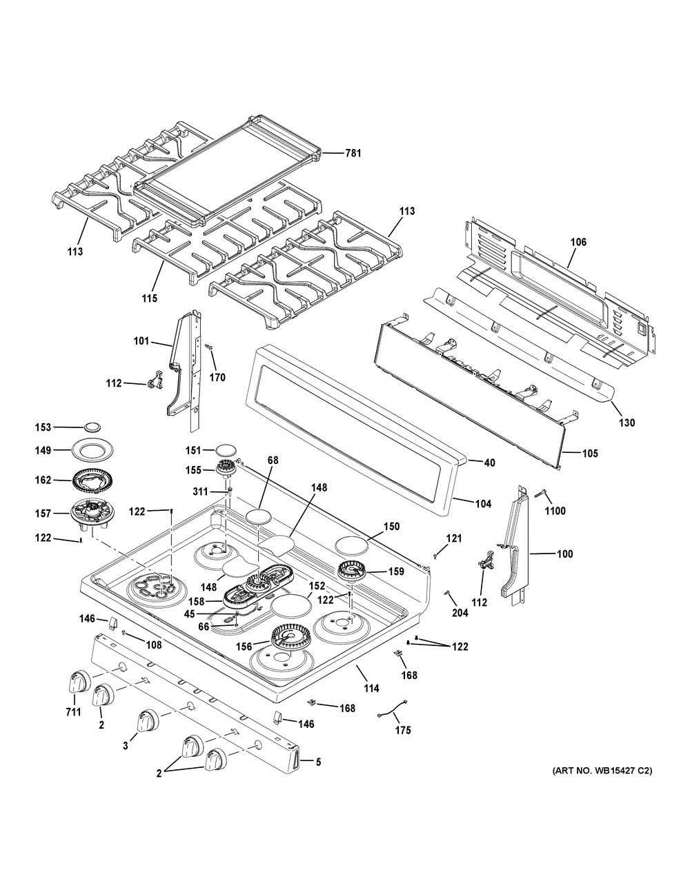 Control Panel & Cooktop Diagram and Parts List for PGB980ZEJ5SS  General Electric Range