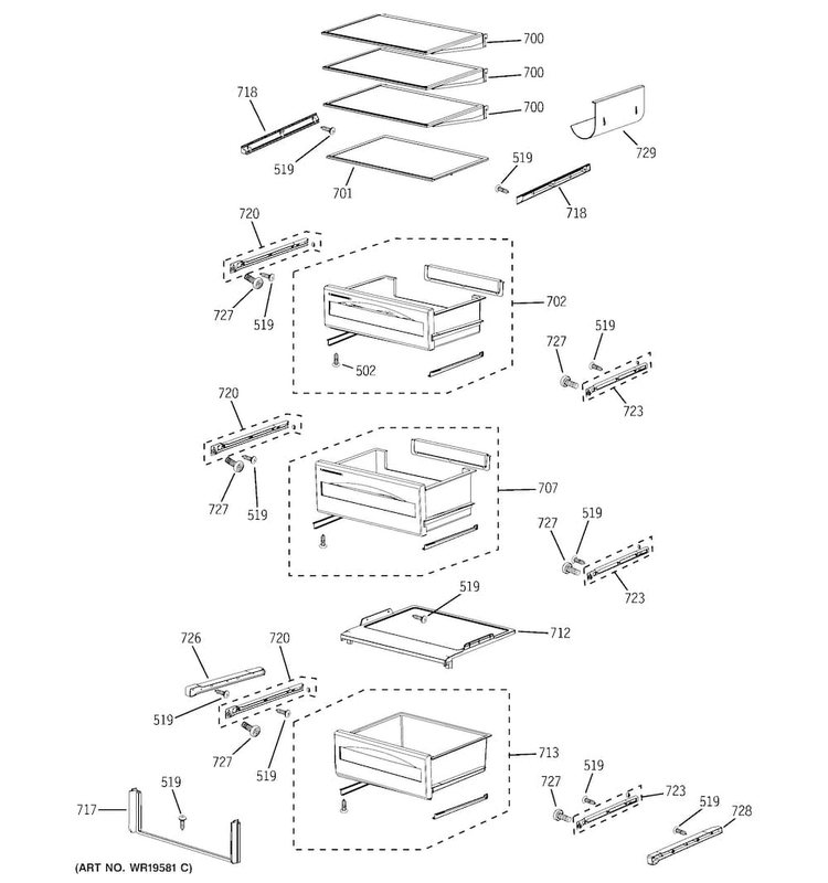 Fresh Food Shelves Diagram and Parts List for PSB42LGRWV  General Electric Refrigerator