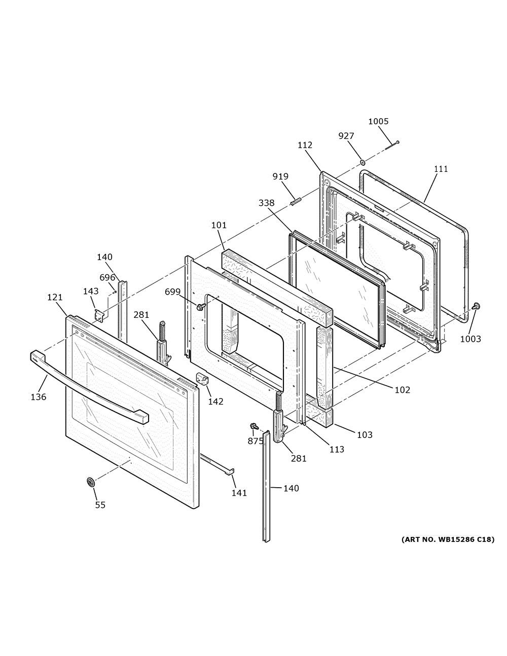 Door Diagram and Parts List for PB911BJATS  General Electric Range