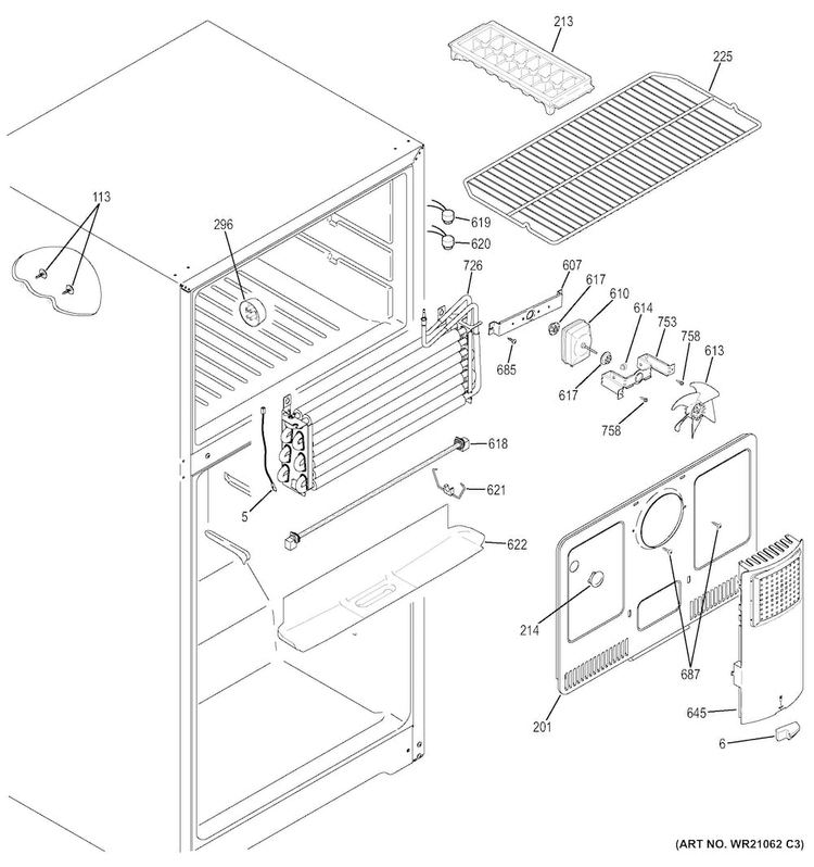 Freezer Section Diagram and Parts List for GTE15CTHBRCC  General Electric Refrigerator
