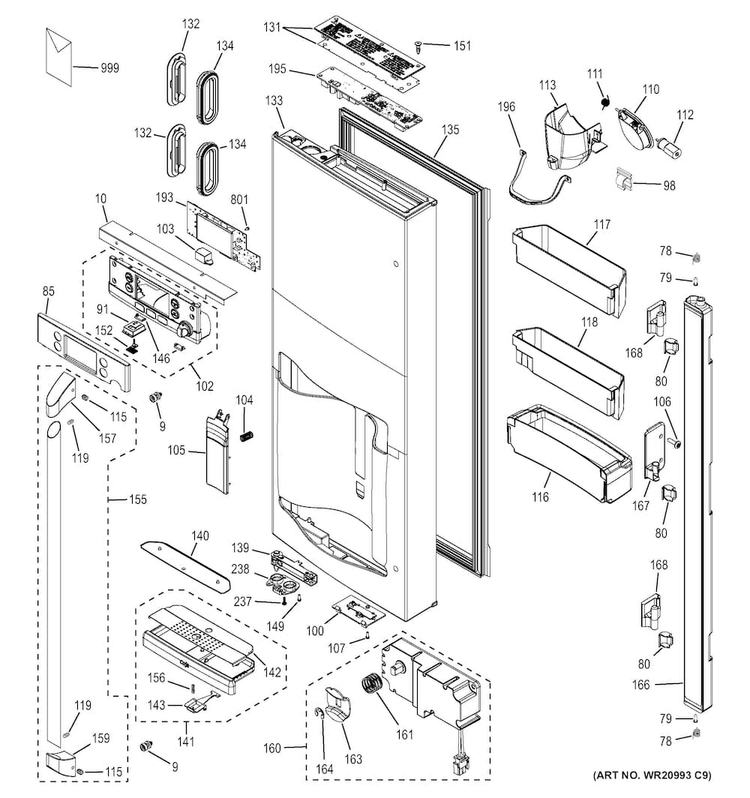 Dispenser Door Diagram and Parts List for CYE22TSHESS  General Electric Refrigerator
