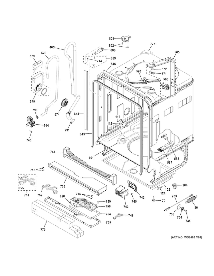 Body Parts Diagram and Parts List for DDT575SGF6WW  General Electric Dishwasher