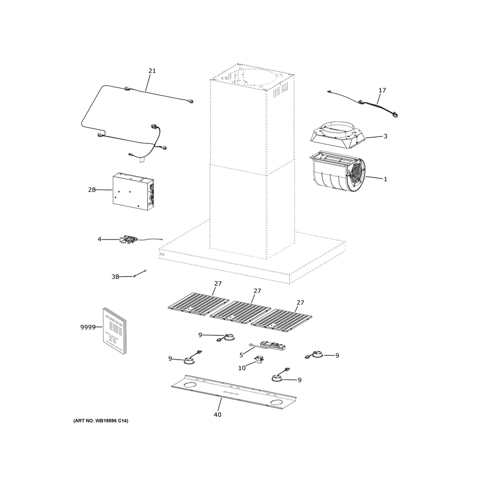 Range Hood Diagram and Parts List for UVI1036SR1SS  General Electric Range Hood