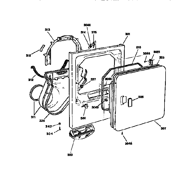 Air Duct, Front Panel, Door Diagram and Parts List for DDE960SSAMWW  General Electric Dryer