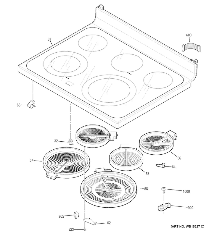 Cooktop Diagram and Parts List for JB850DF4WW  General Electric Range